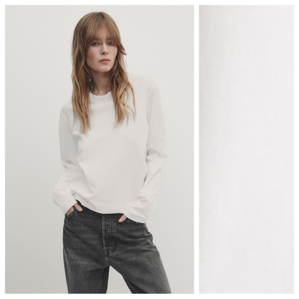 NWT. Massimo Dutti White 100% Cotton Long Sleeves T-Shirt. Size XS.